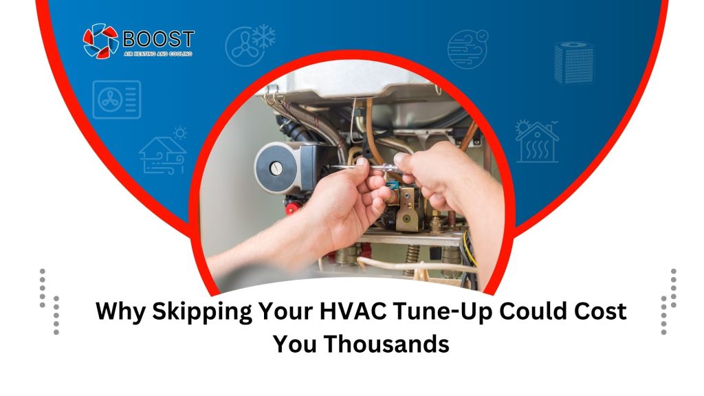 Boost Air Heating and Cooling technician servicing HVAC system in a home