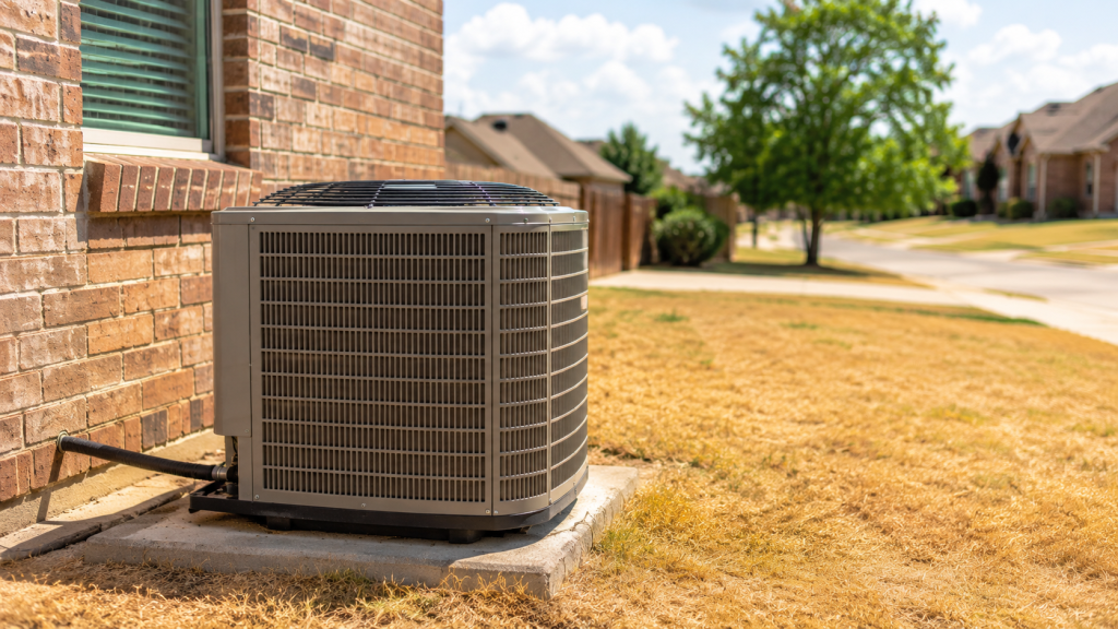 Outdoor AC unit running beside a Grand Prairie home during hot Texas summer weather